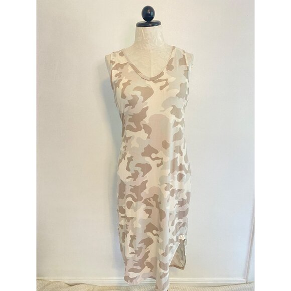 Sleeveless Beige Camo Tank Dress By Olive+Oak Size M With Asymmetrical Hem - Picture 2 of 7